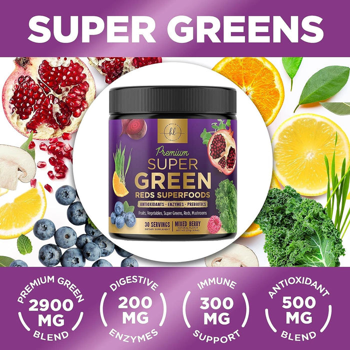 Hello Lovely! Super Greens Powder - Premium Superfood Organic Green & Reds Smoothie Mix - Spirulina, Chlorella, Wheat Grass, Digestive Enzymes & Antioxidant Supplement, Vegan, Non-GMO