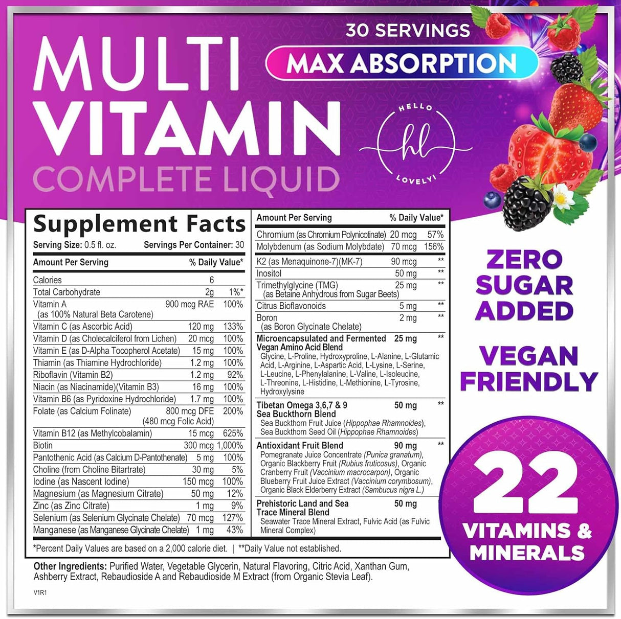 Hello Lovely! Multivitamin for Women & Men - Daily Liquid Vitamins with Biotin, Vitamin A, C, D3, E, B6, B12 & Zinc, Women's Beauty Multivitamins & Adult Immune Support, Berry Flavor - 15 Fl Oz