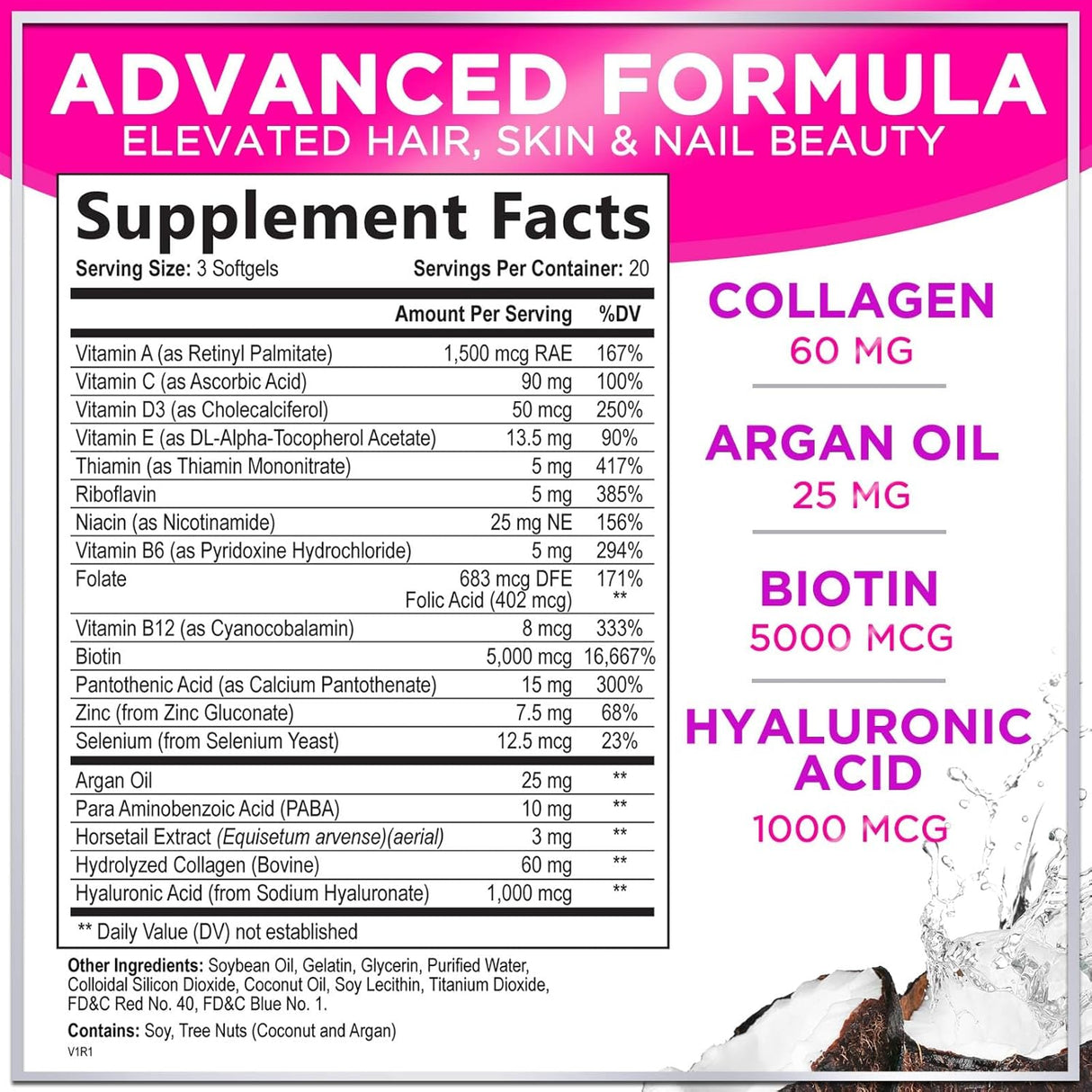 Hair, Skin & Nails Vitamin with Biotin 5000mcg - Hair Vitamins for Women, Keratin & Hair Health, Infused with Argan Oil, Collagen & Hyaluronic Acid, Supports Hair Growth Supplement - 60 Count