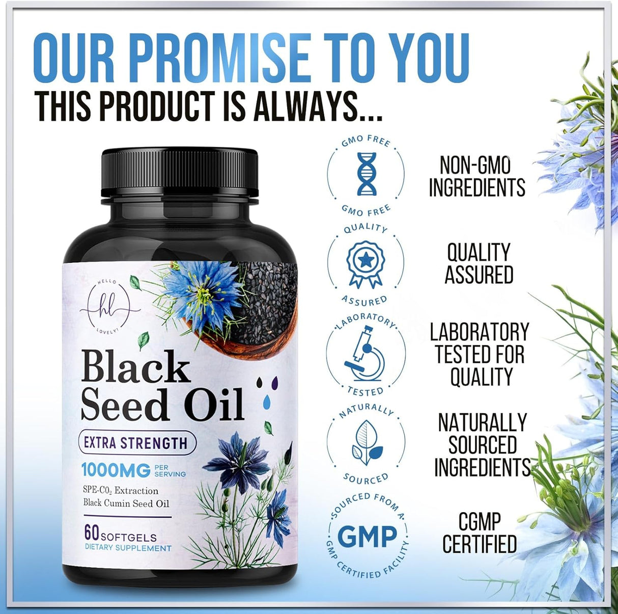 Premium Black Seed Oil Capsules - Extra Strength 1000mg - 100% Blackseed Oil for Immune Support & Skin Health (Non-GMO & Vegan) Pure Cold-Pressed Nigella Sativa Black Cumin Seed Oil - 60 Count