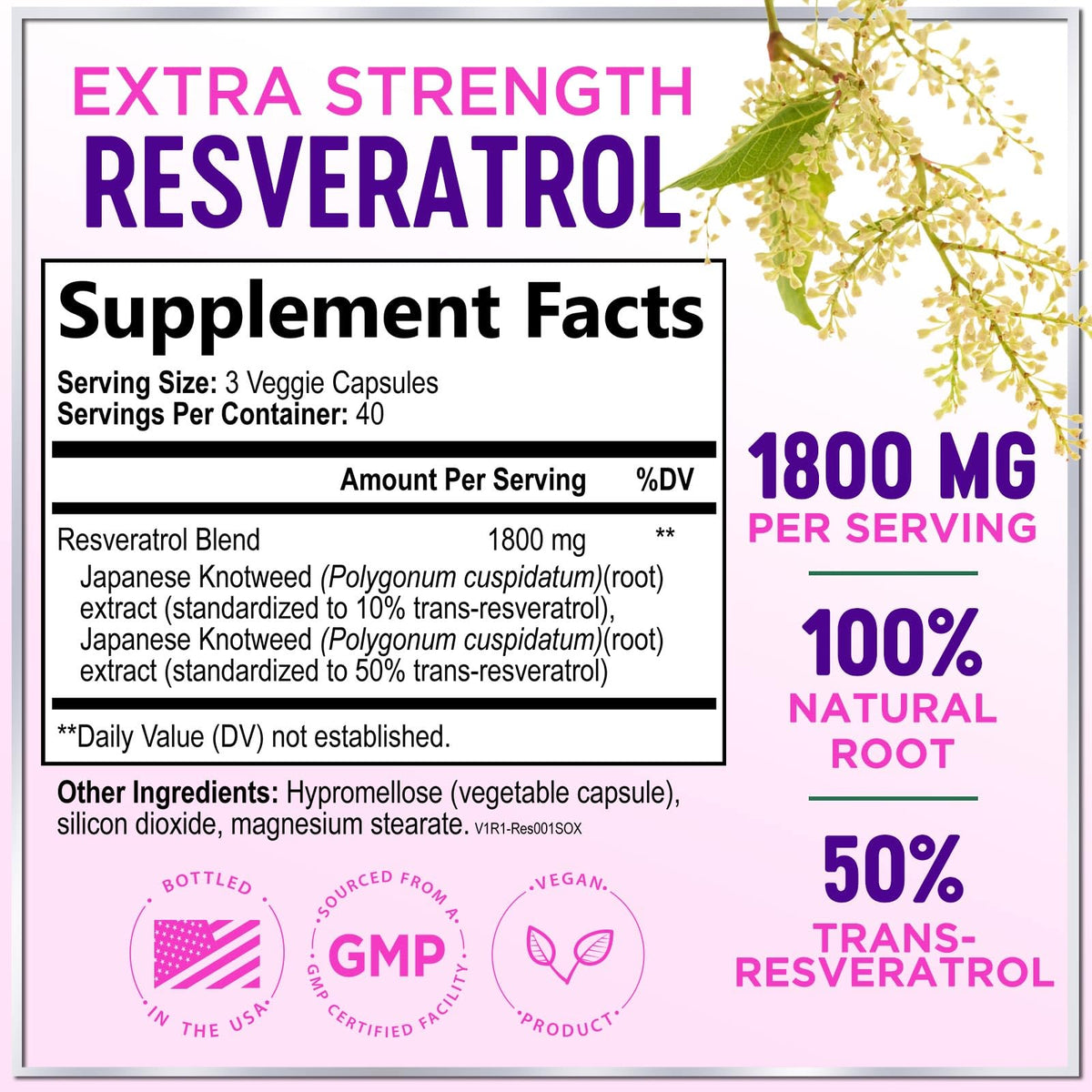 Resveratrol Supplement 1800mg - Trans-Resveratrol Antioxidant Complex - 120 Vegan Capsules