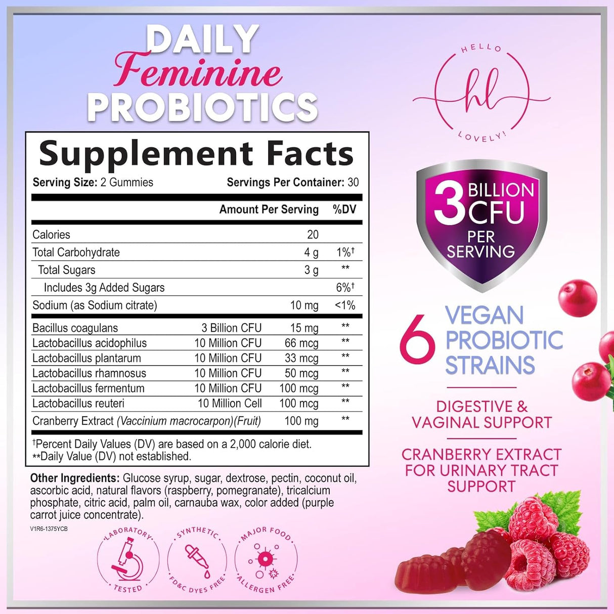 Womens Probiotic CFU Guaranteed with Cranberry, Vegan Strains, Probiotics for Women Supports Digestive, Immune, & Vaginal Health, Lovely Shelf Stable Gummy Supplement, No Soy Gluten - 60 Count
