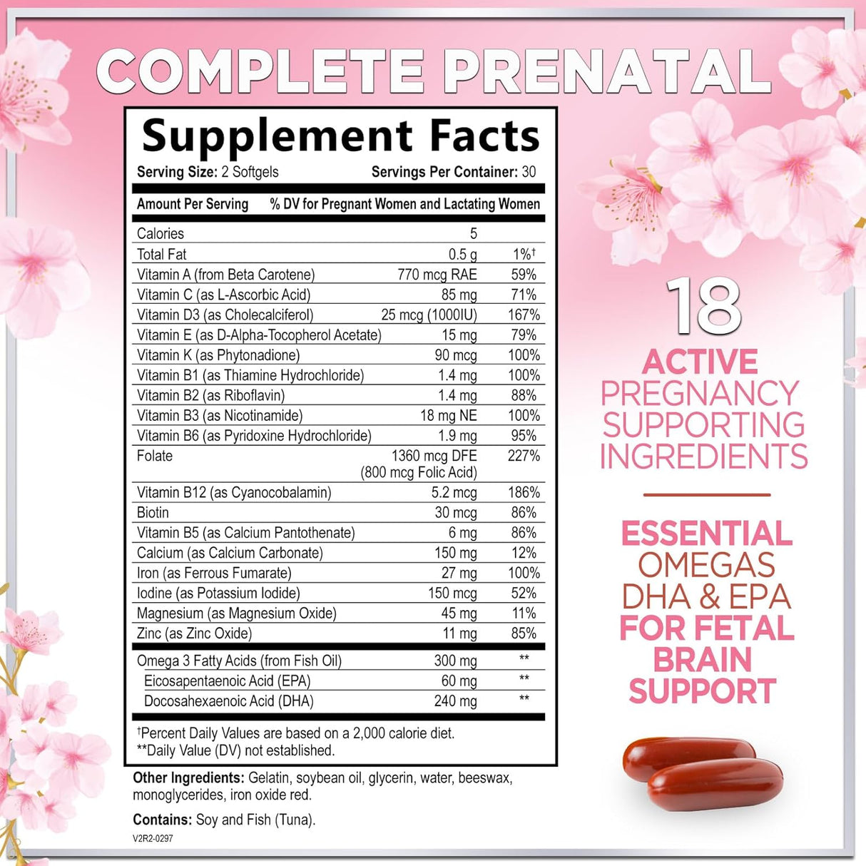 Prenatal Multivitamin with Folic Acid & DHA, Prenatal Vitamin Supplement, Folate, Omega 3, Vitamins D3, B6, B12 & Iron, Women's Pregnancy Support Prenatal Vitamins, Non-GMO Gluten Free - 60 Count