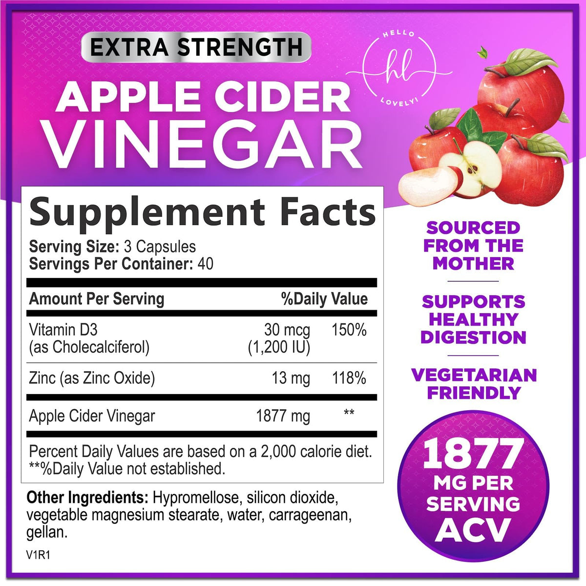 Apple Cider Vinegar Capsules with Vitamin D3 + Zinc – 120 Count