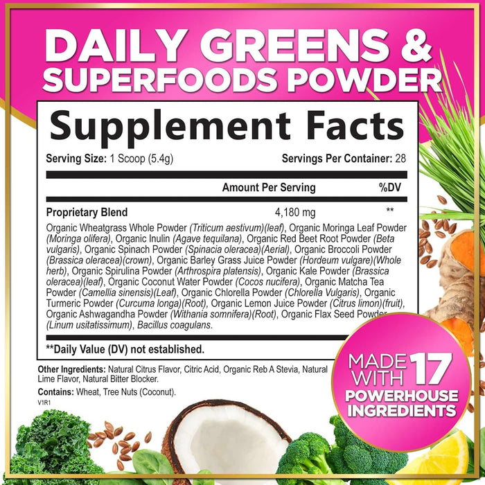 Greens Blend Superfood - Super Greens Powder Smoothie Mix for Energy & Digestive Health Support with Probiotics, Organic Spirulina, Chlorella, Beet Root Powder, Vegan Superfood Powder