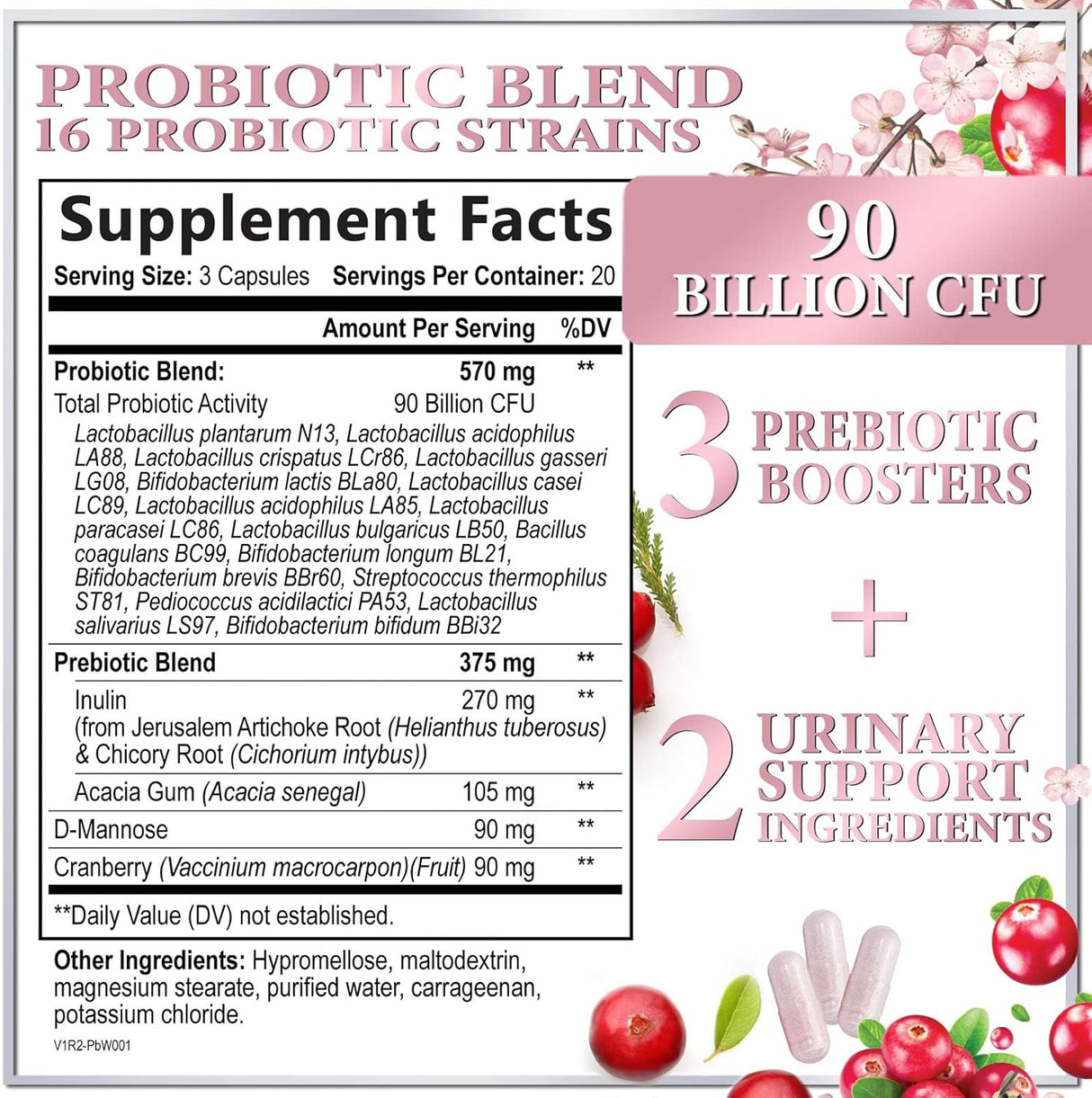 Probiotics for Women with Prebiotics - Womens Probiotic for Digestive, Vaginal, Urinary & Immune Health Support, 90 Billion CFU & 16 Diverse Strains, Cranberry & D-Mannose, Non-GMO - 60 Count
