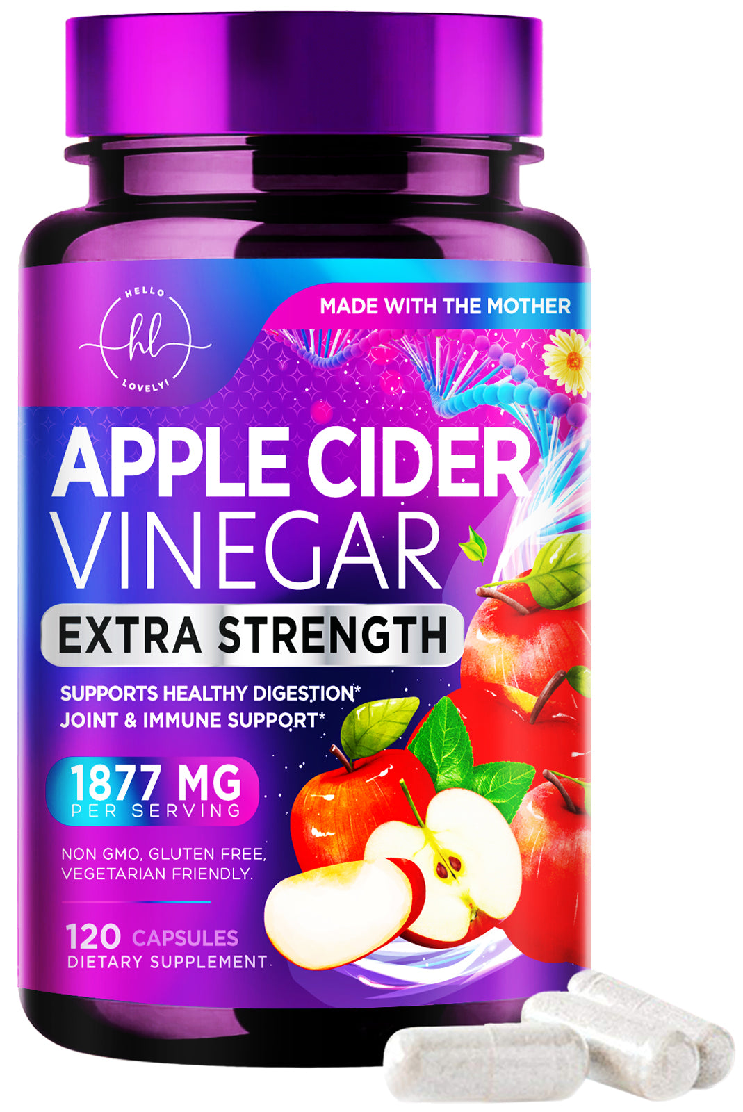 Apple Cider Vinegar Capsules - ACV Supplements with Vitamin D3 & Zinc for Detox & Cleanse, Gluten Free & Non-GMO, Vegetarian ACV Pills for Digestion, Energy & Immune Support - 120 Count