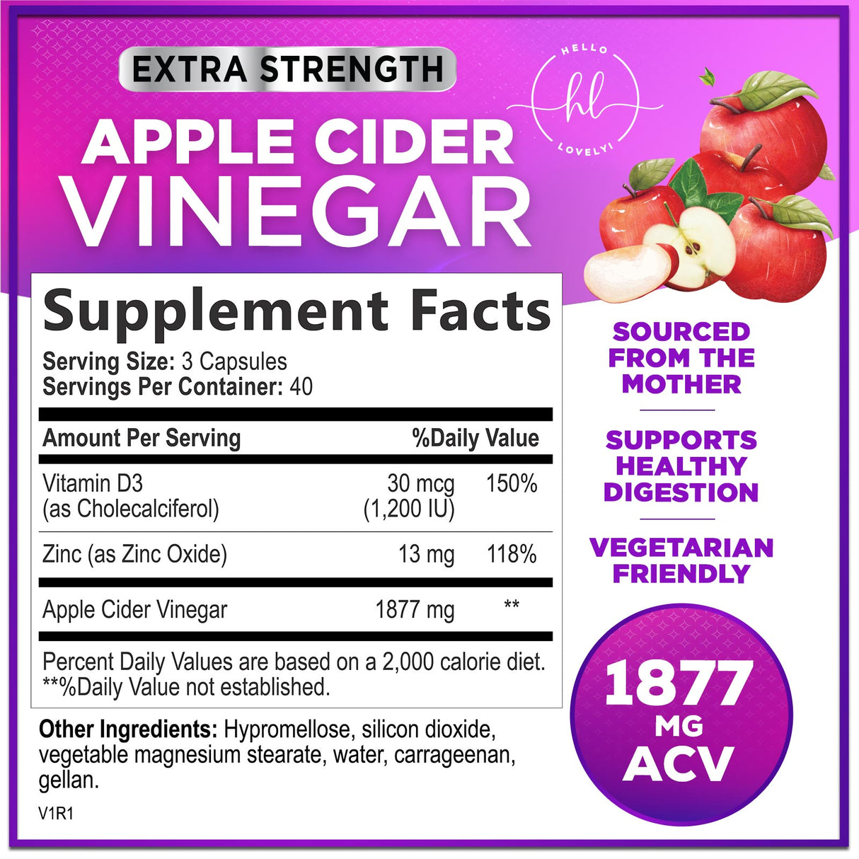 Apple Cider Vinegar Capsules - ACV Supplements with Vitamin D3 & Zinc for Detox & Cleanse, Gluten Free & Non-GMO, Vegetarian ACV Pills for Digestion, Energy & Immune Support - 120 Count