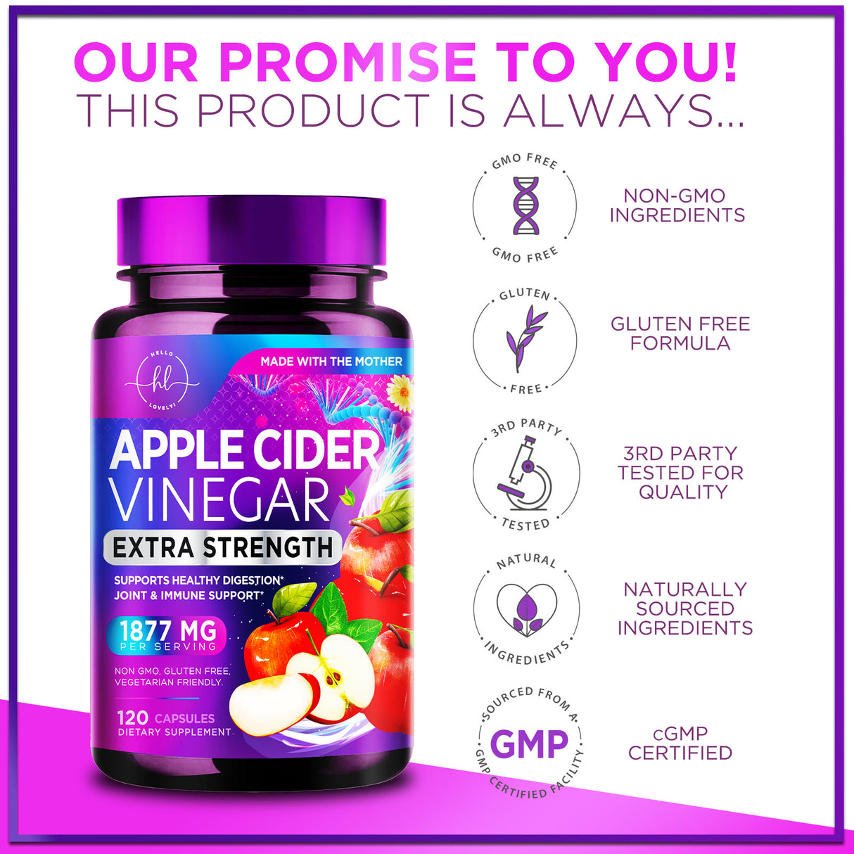 Apple Cider Vinegar Capsules - ACV Supplements with Vitamin D3 & Zinc for Detox & Cleanse, Gluten Free & Non-GMO, Vegetarian ACV Pills for Digestion, Energy & Immune Support - 120 Count