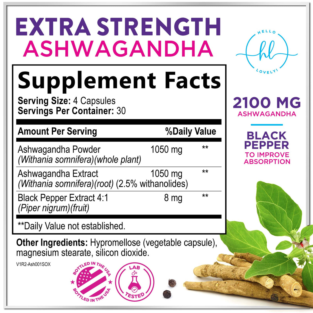 Ashwagandha 2,100 mg Extra Strength - Pure Ashwagandha Powder Antioxidant Support with Black Pepper plus Root Extract Vegan Adaptogen Formula Supplements for Energy and Immune Support - 120 Count