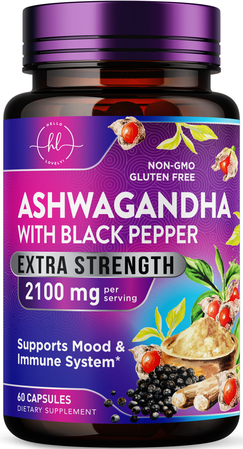Ashwagandha 2,100 mg Extra Strength - Pure Ashwagandha Powder Antioxidant Support with Black Pepper plus Root Extract Vegan Adaptogen Formula Supplements for Energy and Immune Support - 60 Count