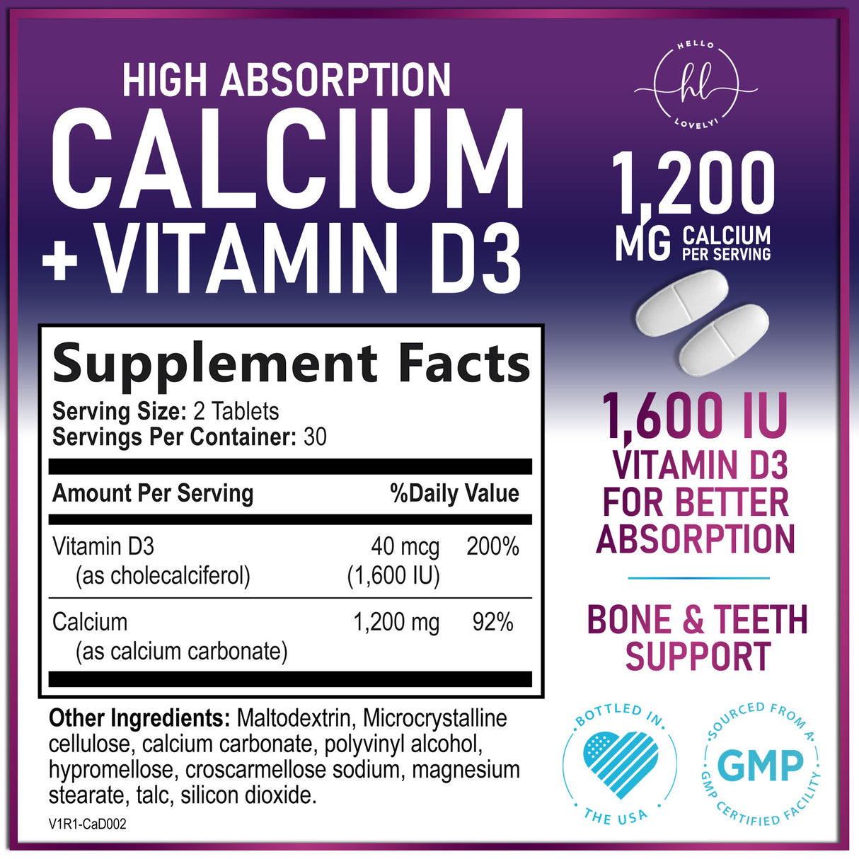 Calcium Supplements for Women 1200 mg Plus 1600 IU Vitamin D3, Bone Health, Teeth & Immune Support - Mineral Supplement with Vitamin D High Absorbable Premium 600 mg Calcium Carbonate - 60 Count