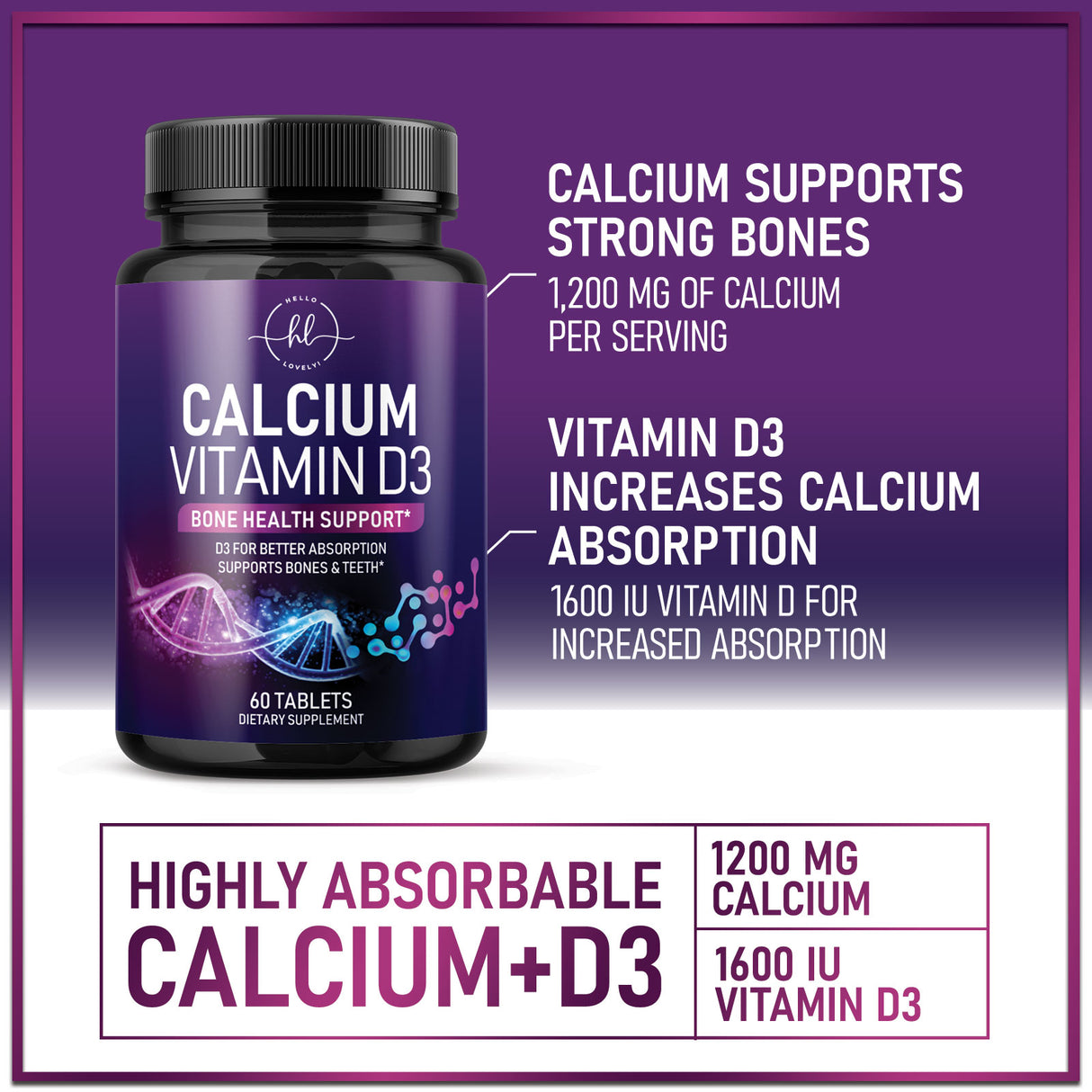 Calcium Supplements for Women 1200 mg Plus 1600 IU Vitamin D3, Bone Health, Teeth & Immune Support - Mineral Supplement with Vitamin D High Absorbable Premium 600 mg Calcium Carbonate - 60 Count