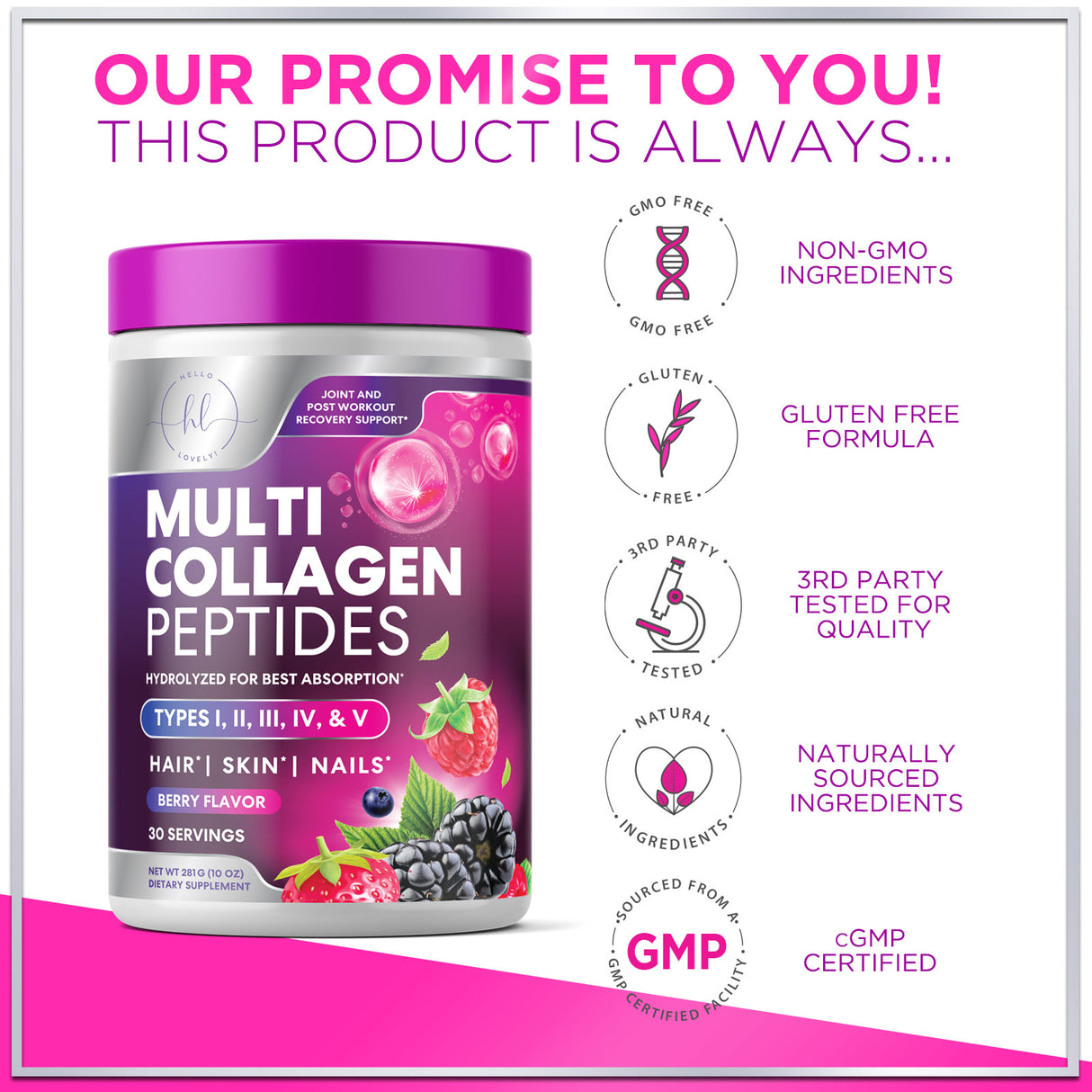 Hello Lovely! Collagen Peptides Powder for Women & Men, Hydrolyzed Multi Collagen Proteins, Hair, Skin, Nail & Joint Support, Grass-Fed, Keto, Non-GMO, Type I, III & More, Berry flavored - 30 Servings