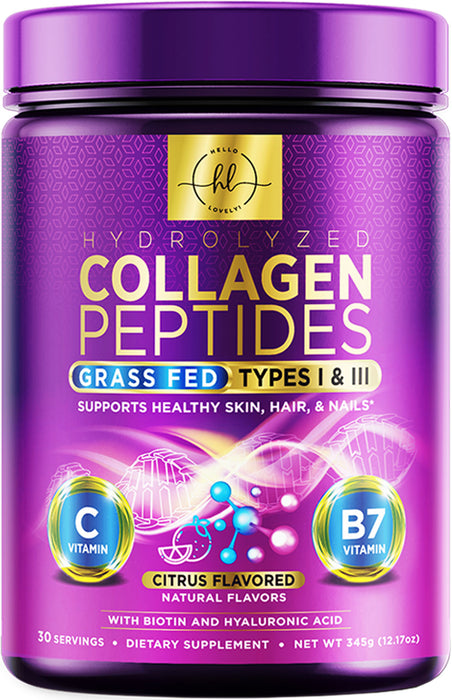 Collagen Peptides Powder - Hair, Skin, Nail & Joint Support, Type I & III Grass Fed Hydrolyzed Collagen Protein, Keto Friendly, Non GMO with Vitamin C, Biotin & Hyaluronic Acid