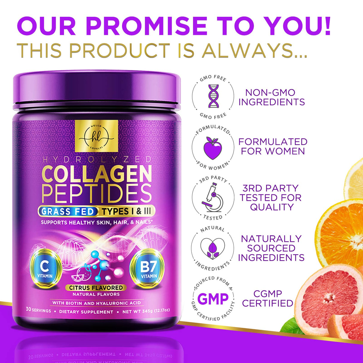 Collagen Peptides Powder - Hair, Skin, Nail & Joint Support, Type I & III Grass Fed Hydrolyzed Collagen Protein, Keto Friendly, Non GMO with Vitamin C, Biotin & Hyaluronic Acid