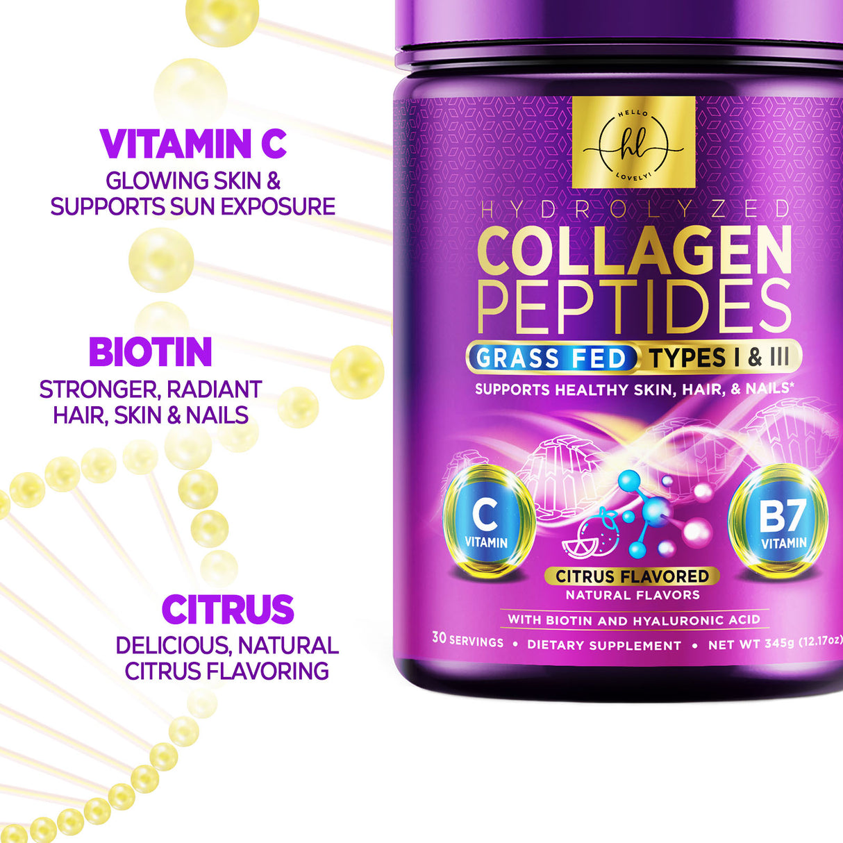 Collagen Peptides Powder - Hair, Skin, Nail & Joint Support, Type I & III Grass Fed Hydrolyzed Collagen Protein, Keto Friendly, Non GMO with Vitamin C, Biotin & Hyaluronic Acid