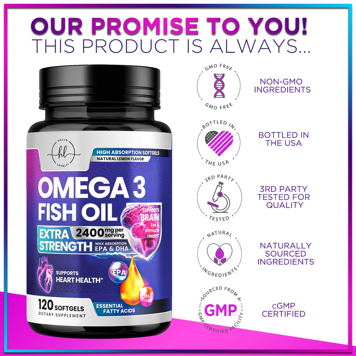Omega 3 Fish Oil Triple Strength 2400 mg Rapid Release Softgels, Omega-3 Supplements, Natural Brain Heart Joint Health & Immune Support - Fatty Acids with EPA & DHA - Fish Oil Supplement - 120 Count