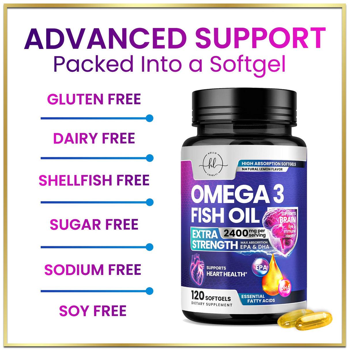 Omega 3 Fish Oil Triple Strength 2400 mg Rapid Release Softgels, Omega-3 Supplements, Natural Brain Heart Joint Health & Immune Support - Fatty Acids with EPA & DHA - Fish Oil Supplement - 120 Count