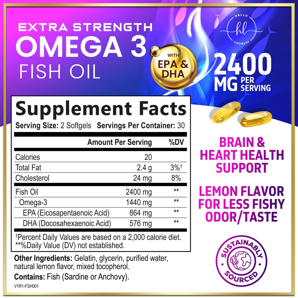 Omega 3 Fish Oil Triple Strength 2400 mg Rapid Release Softgels, Omega-3 Supplements, Natural Brain Heart Joint Health & Immune Support - Fatty Acids with EPA & DHA - Fish Oil Supplement - 60 Count