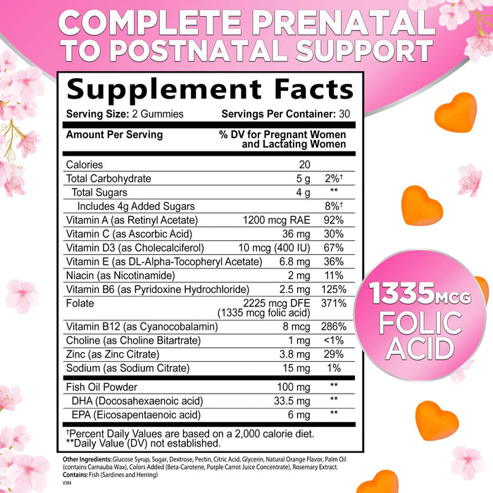 Prenatal Multivitamin Gummy w/ Folic Acid + DHA, Prenatal Vitamins with Omega 3, Vitamins B6, B12, C, D3 & Folate for Pregnancy Support, Prenatal Gummies for Women, Non-GMO Gluten Free