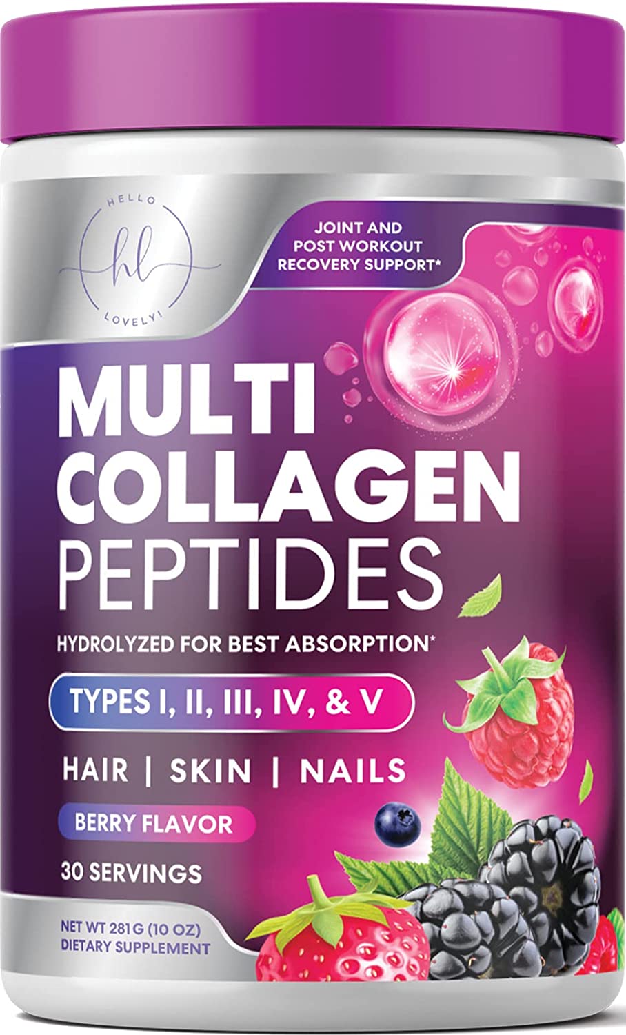 Hello Lovely! Collagen Peptides Powder for Women & Men, Hydrolyzed Multi Collagen Proteins, Hair, Skin, Nail & Joint Support, Grass-Fed, Keto, Non-GMO, Type I, III & More, Berry flavored - 30 Servings