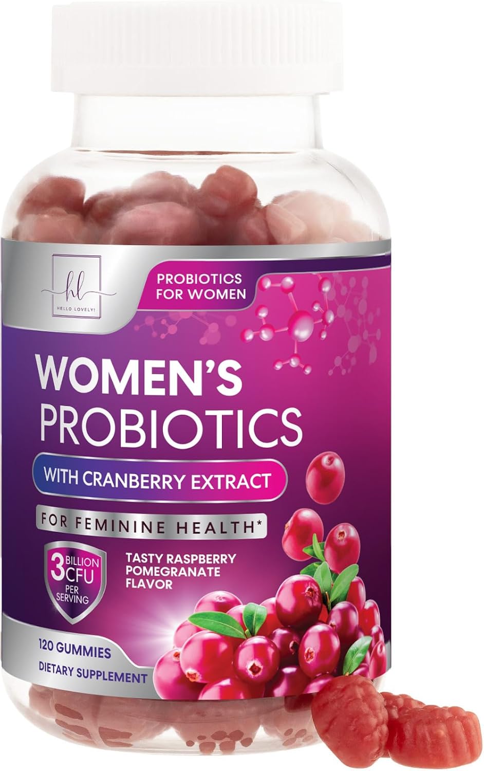 Womens Probiotic CFU Guaranteed with Cranberry, Vegan Strains, Probiotics for Women Supports Digestive, Immune, & Vaginal Health, Lovely Shelf Stable Gummy Supplement, No Soy Gluten - 120 Count