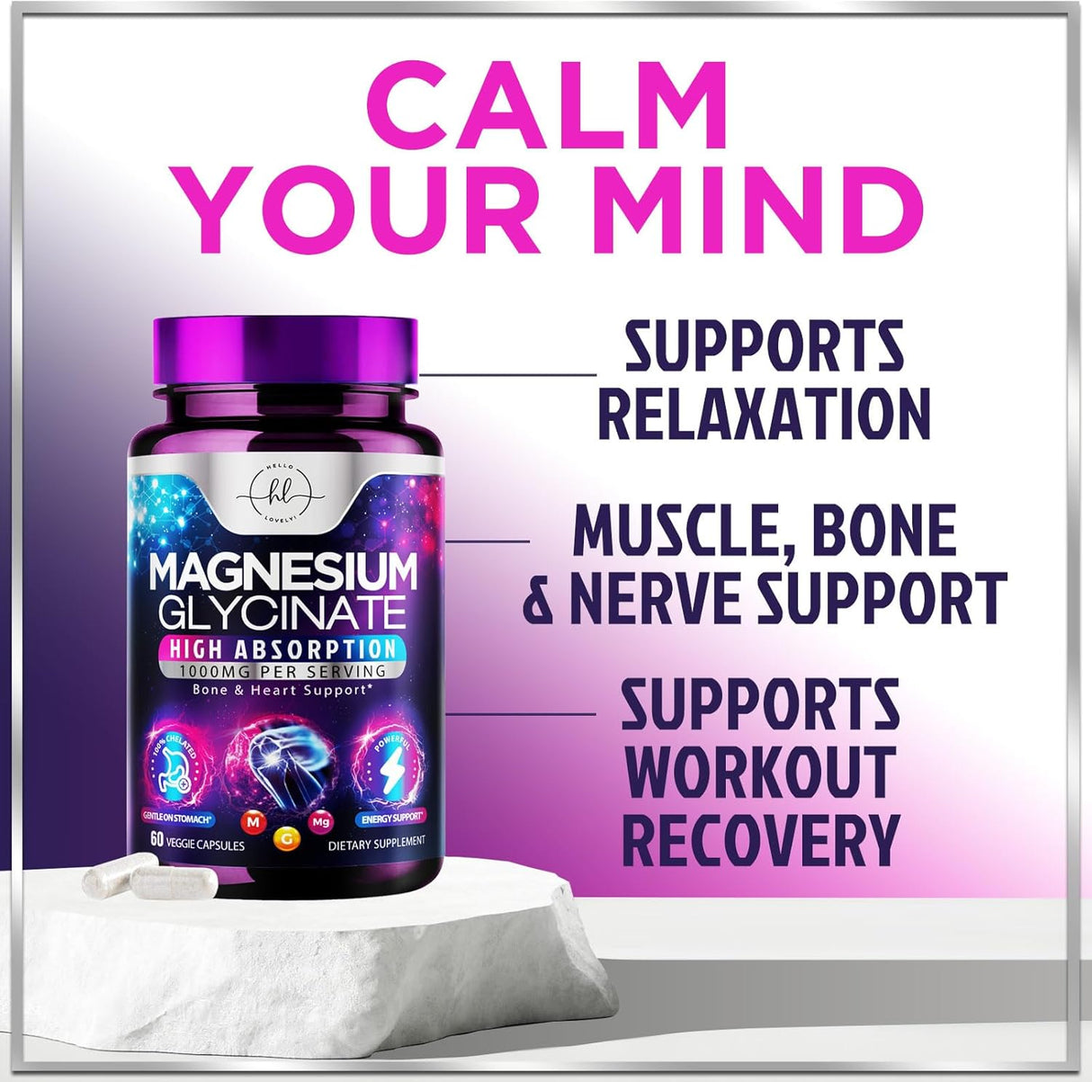 Magnesium Supplement for Women & Men - 140mg Total Magnesium from 1000mg Magnesium Glycinate to Support Muscle, Nerve, Bone & Heart Health - Natural, Vegan, High Absorption & Chelated - 60 Count