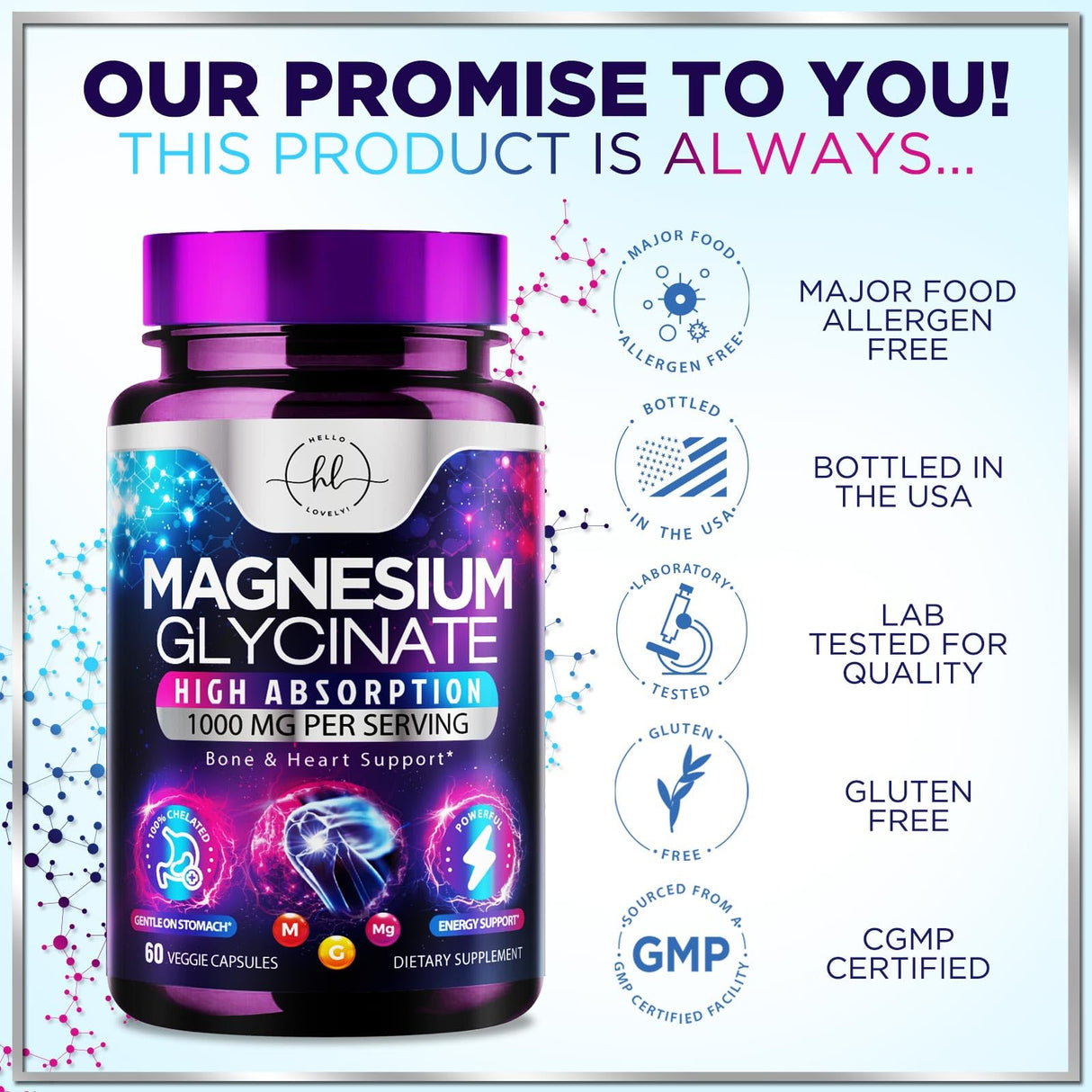 Magnesium Glycinate 1000mg | | Chelated to Support Bone â€“ 60 Capsules