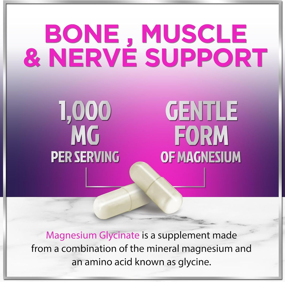 Magnesium Supplement for Women & Men - 140mg Total Magnesium from 1000mg Magnesium Glycinate to Support Muscle, Nerve, Bone & Heart Health - Natural, Vegan, High Absorption & Chelated