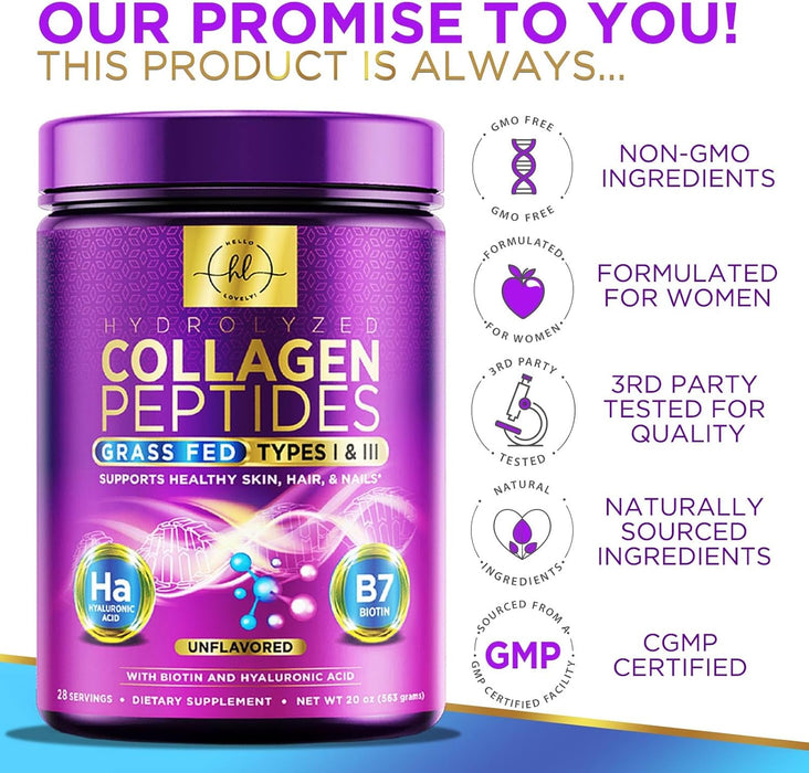 Hydrolyzed Collagen Peptides Powder 20g With Hyaluronic Acid & Biotin - Unflavored Grass Fed Collagen Powder with Type I & III Collagen Supplements - Hair, Nail, Skin & Joint Support