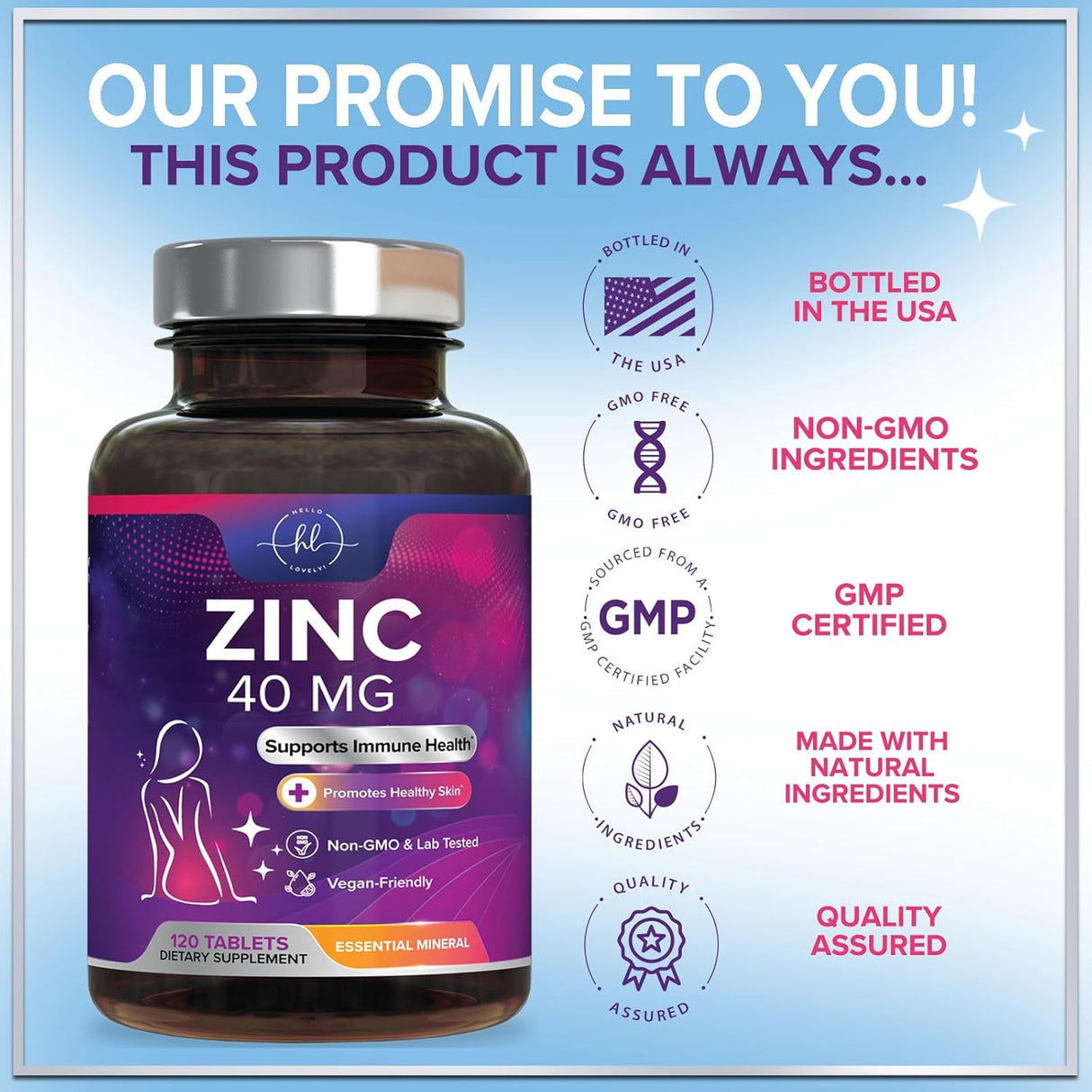 Zinc Supplements for Women and Men - 40mg Supplement for Immune Support, Skin Health Support, & Antioxidant Supplement for Adults, High Potency Zinc Gluconate 40 mg, Non-GMO