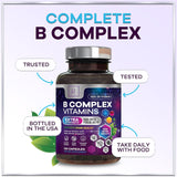 B Complex Vitamin Supplement 1000mcg - 3X Strength with Vitamin C & Folic Acid - Super B12 Complex Vitamins for Energy, Supports Hair Growth, Immune Support for Women & Men, USA Bottled, 120 Capsules