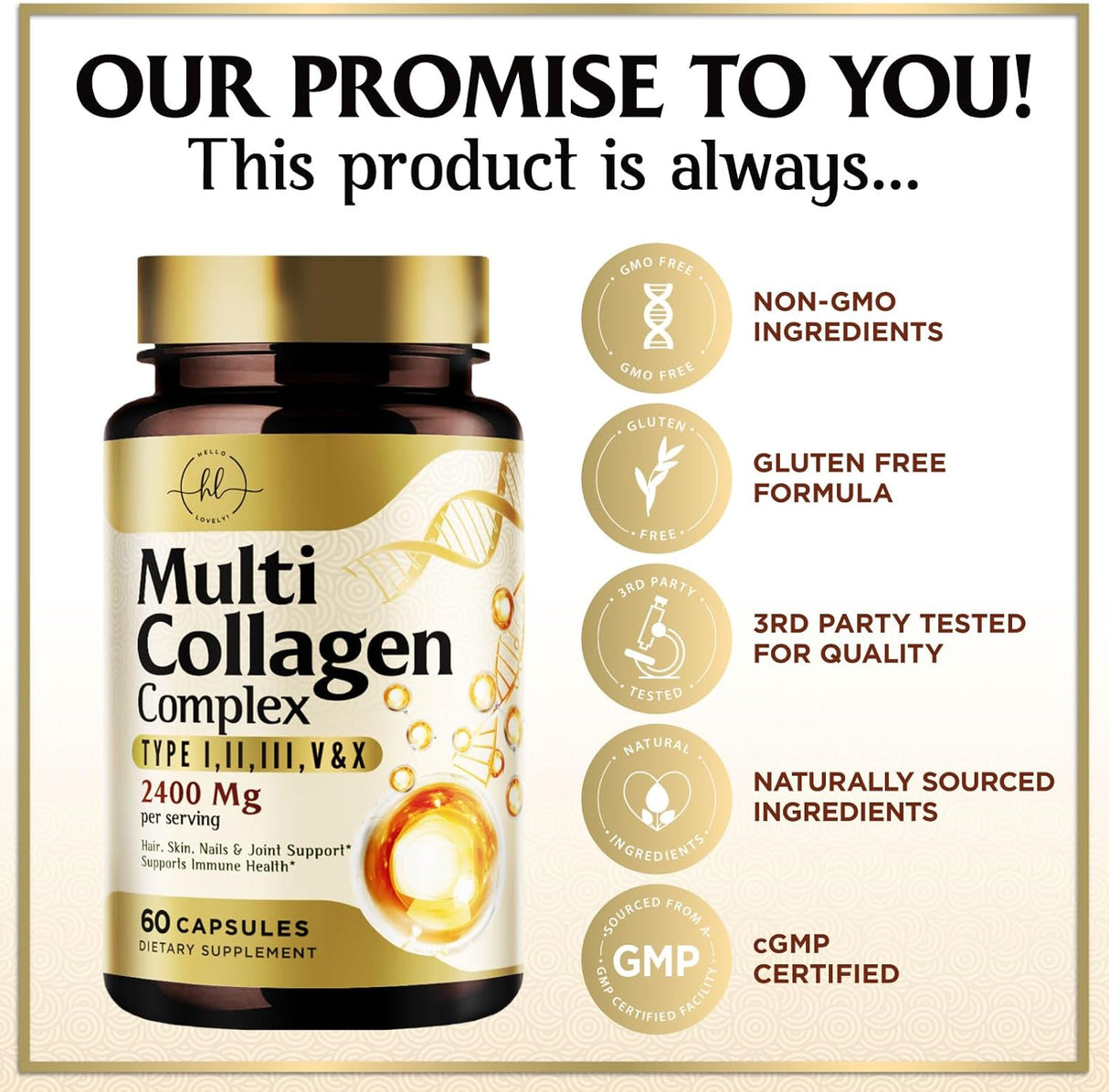 Collagen Peptides for Women & Men - Type I, II, III, V, X Multi Collagen, Hydrolyzed Collagen Supplement Supports Hair, Nail, Skin, Bone and Joint Health with Vital Nutrients & Proteins - 60 Count