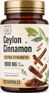 Ceylon Cinnamon Capsules Supplement 1800mg - Certified Organic Ceylon Cinnamon Powder Pills - Energy & Heart Support for Women & Men, Bottled in USA, Antioxidant, Gluten Free, Non-GMO - 120 Capsules