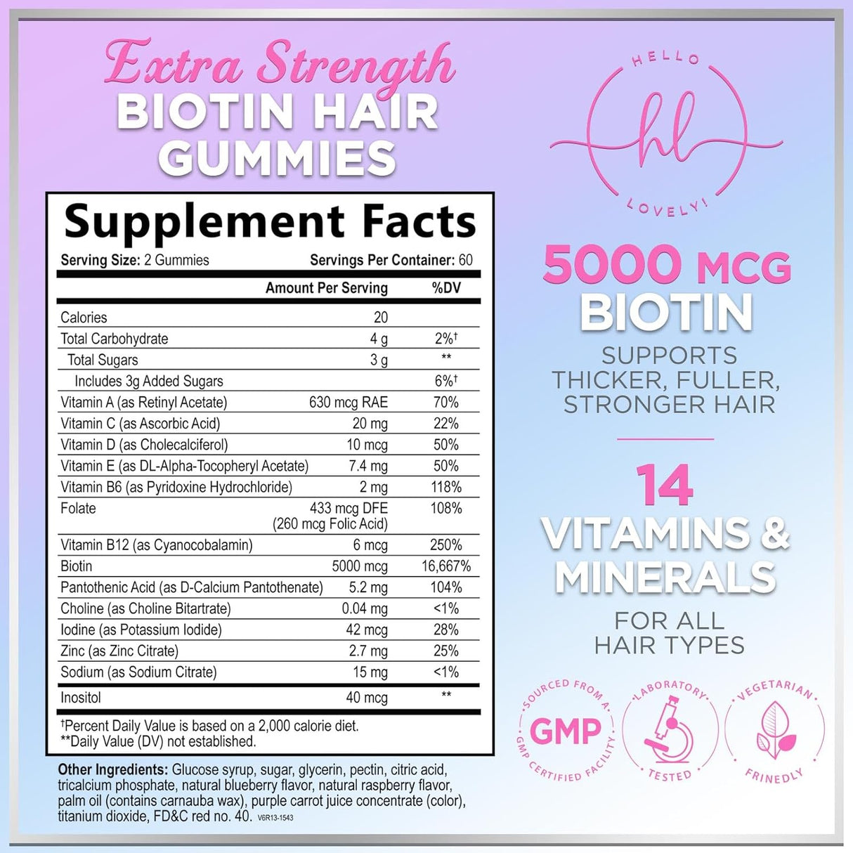 Hello Lovely Hair Vitamins Gummies with Biotin 5000 mcg Vitamin E & C Support Hair Growth, Premium Vegetarian, Non-GMO, for Stronger, Beautiful Hair & Nails, Red Berry Supplement - 120 Count