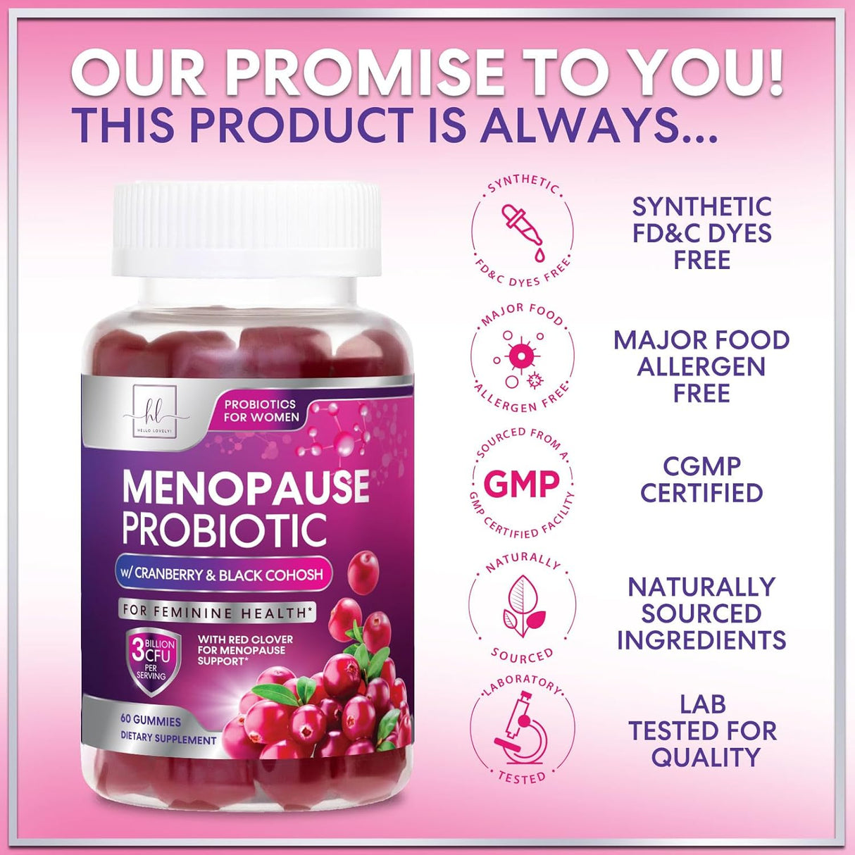 Hello Lovely! 3 Billion CFU Probiotic & Menopause Support for Women - Natural Manopause Probiotic Supplement Supports Hot Flashes, Night Sweats, & Mood Swings - Gut & Digestive Support