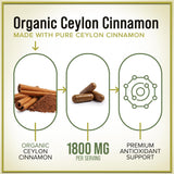 Ceylon Cinnamon Capsules Supplement 1800mg - Certified Organic Ceylon Cinnamon Powder Pills - Energy & Heart Support for Women & Men, Bottled in USA, Antioxidant, Gluten Free, Non-GMO - 120 Capsules