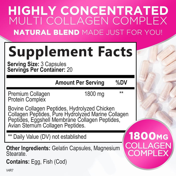 Multi Collagen Peptides - Extra Strength Collagen Supplement, Supports Healthy Skin, Hair, Nails & Joints, Hydrolyzed Collagen Complex Type I, II, III, V & X - Grass Fed, Non GMO