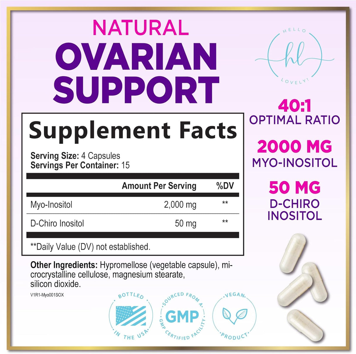 Myo-Inositol & D-Chiro Inositol Supplement 2000mg - Myoinositol with Ideal 40:1 Ratio - Fertility Supplements for Women for Ovarian Health & Hormone Balance Support, Bottled in the USA - 60 Capsules