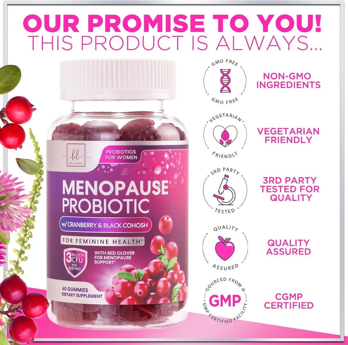 Hello Lovely! 3 Billion CFU Probiotic & Menopause Support for Women - Natural Manopause Probiotic Supplement Supports Hot Flashes, Night Sweats, & Mood Swings - Gut & Digestive Support