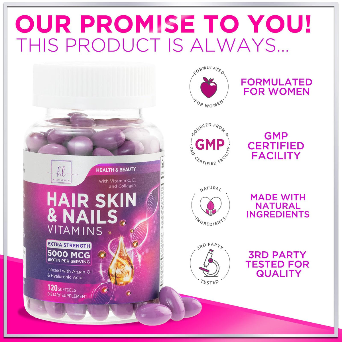 Hair, Skin + Nails with Biotin, Keratin + Collagen – 120 Count