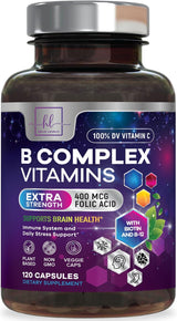 B Complex Vitamin Supplement 1000mcg - 3X Strength with Vitamin C & Folic Acid - Super B12 Complex Vitamins for Energy, Supports Hair Growth, Immune Support for Women & Men, USA Bottled, 120 Capsules