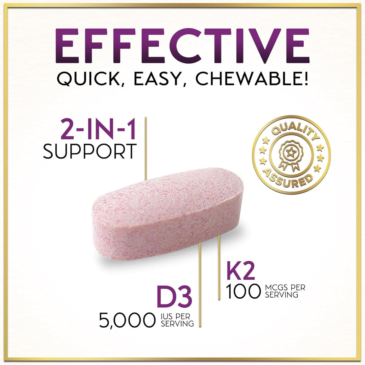 Vitamin D3 K2 - 5000 iu Vitamin D3 Per Serving Vitamin K2 (MK-7) Complex for Immune Support - Natural Bone, Teeth & Muscle Health Support - Berry Chewable, Gluten Free, Bottled in USA - 120 Tablets