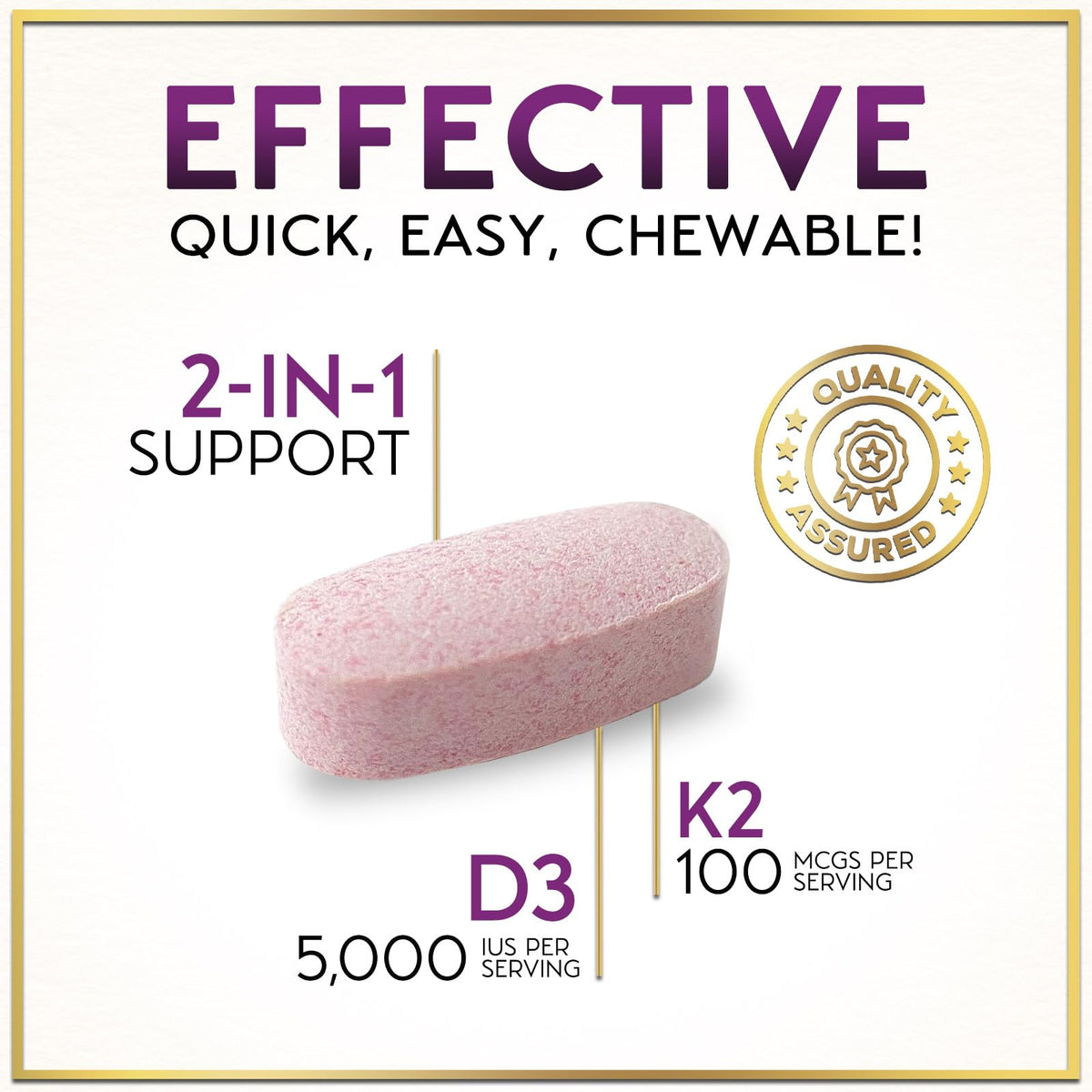 Vitamin D3 5,000 IU + K2 MK-7 Chewables – 120 Tablets