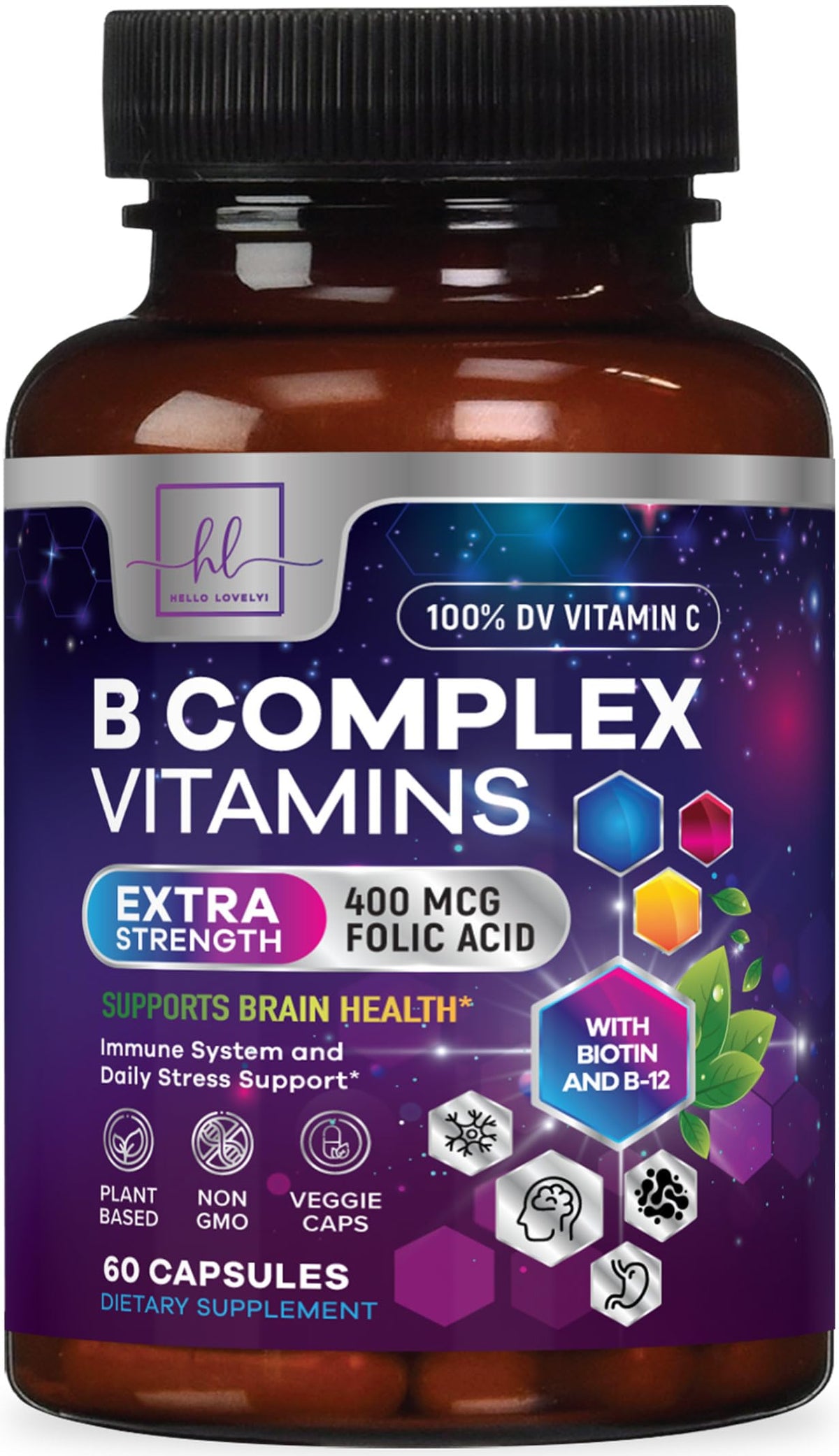 B-Complex with Vitamin C + Folic Acid – 60 Capsules
