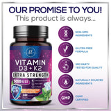 Vitamin D3 K2 - Vitamin D3 (5000 iu) & 100 mcg Vitamin K2 (MK-7) Complex for Immune Support & Bone, Teeth & Muscle Health - Easy to Swallow, Gluten Free, Non-GMO, Bottled in USA - 240 Softgels