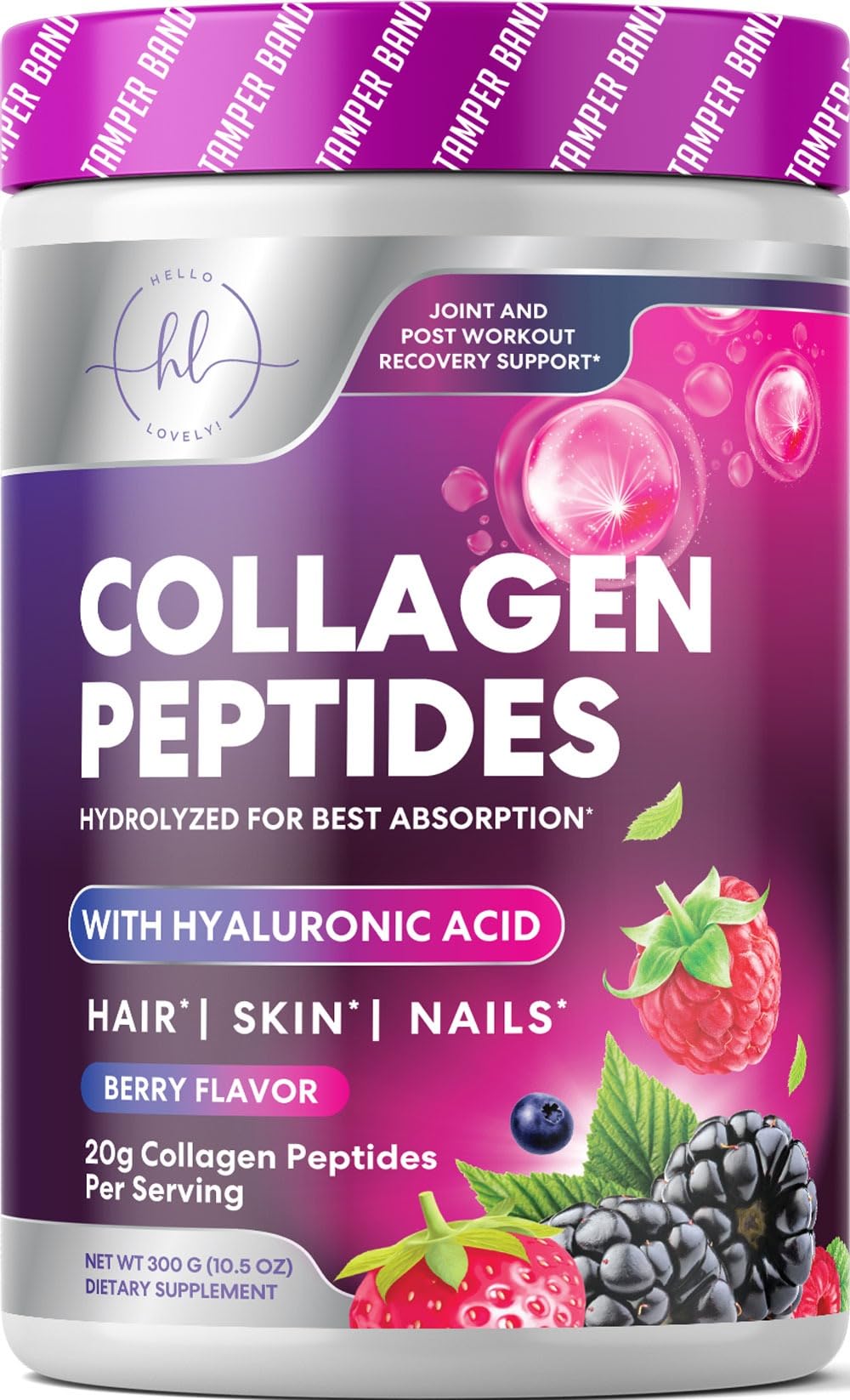 Collagen Peptides Powder 20g - Hydrolyzed Type 1 & 3 Berry Flavor Collagen Powder - Biotin, Hyaluronic Acid, Vitamin C - Hair, Skin, & Nails Support Supplement for Women & Men - Bottled in USA, 10.5oz