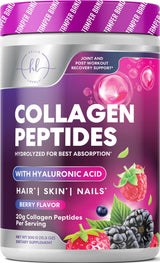 Collagen Peptides Powder 20g - Hydrolyzed Type 1 & 3 Berry Flavor Collagen Powder - Biotin, Hyaluronic Acid, Vitamin C - Hair, Skin, & Nails Support Supplement for Women & Men - Bottled in USA, 10.5oz