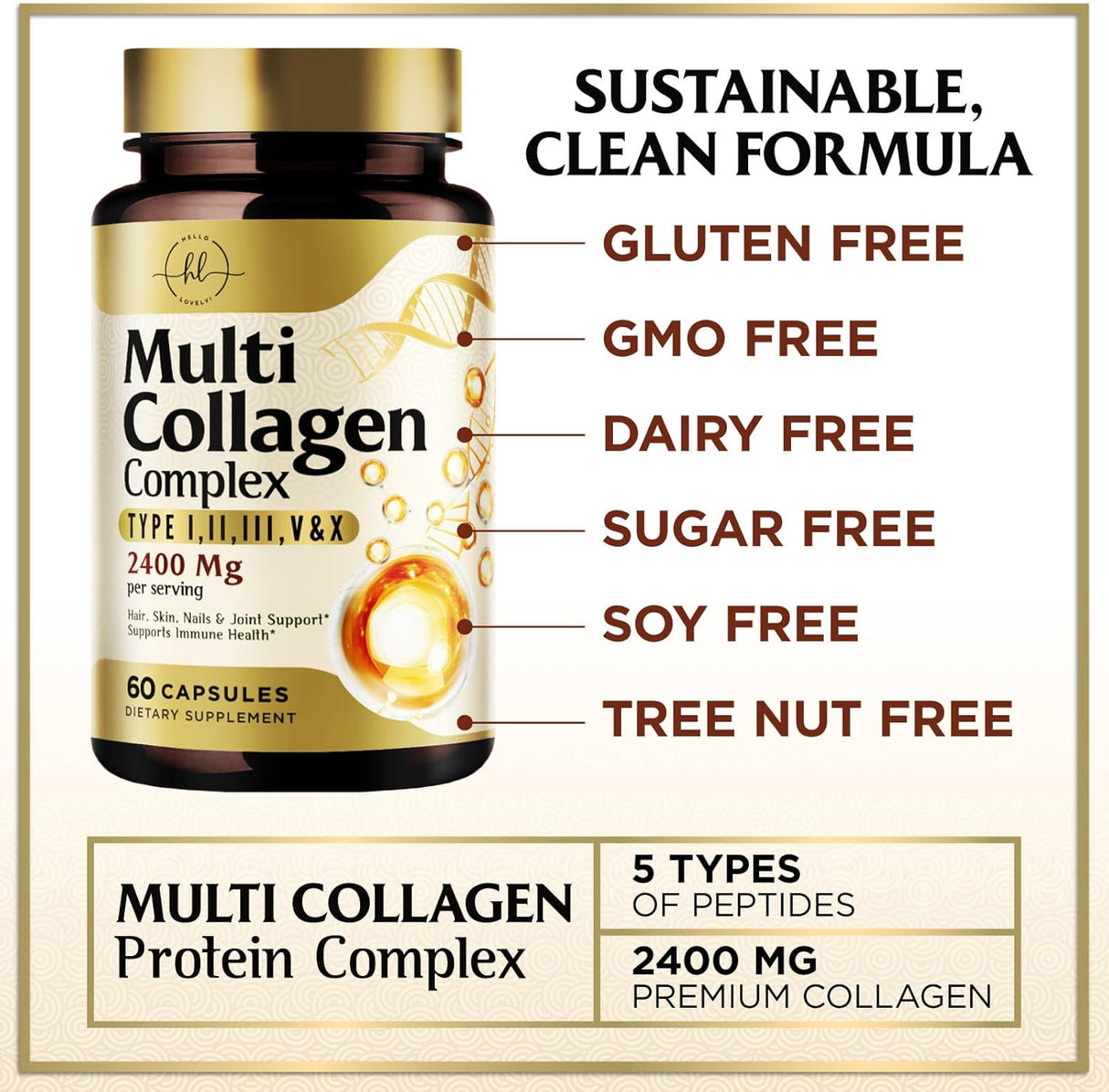 Collagen Peptides for Women & Men - Type I, II, III, V, X Multi Collagen, Hydrolyzed Collagen Supplement Supports Hair, Nail, Skin, Bone and Joint Health with Vital Nutrients & Proteins - 60 Count